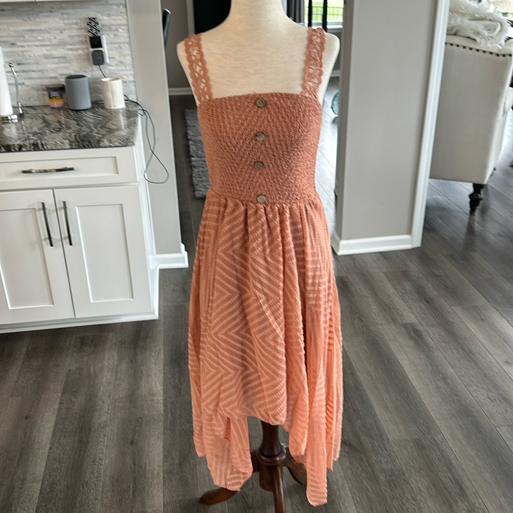 SHEIN Peach Lace-Strap Smocked High-Low Dress